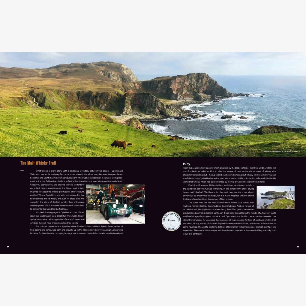 An interior spread with a focus on malt whisky, with a photograph of a rugged coastal landscape.